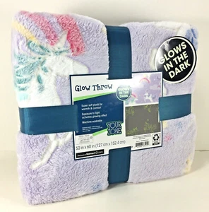 NEW Silky Soft GLOW THROW BLANKET 50" x 60" Glow In The Dark UNICORNS Purple - Picture 1 of 7