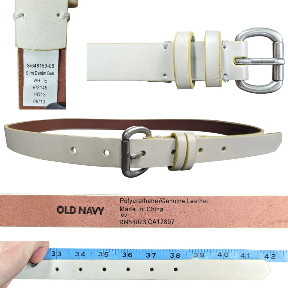 Old Navy Genuine Leather Slim White Belt Yellow Edges | M/L - Image 1 of 1
