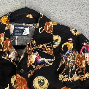 VTG Wrangler PRCA Shirt Mens 17 1/2 36 Black Button All Over Print Rodeo Ranch - Picture 1 of 18