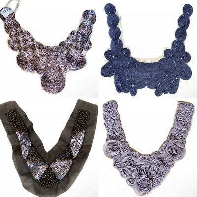 4 Vintage Neck Trim Appliqués, Tops Dresses & Costume: Leopard Sequin Gray Navy Foto 1 de 4