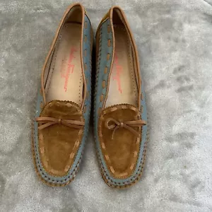 Mocassini donna Salvatore Ferragamo 9,5 marrone chiaro tessuto azzurro fiocco preppy - Foto 1 di 15