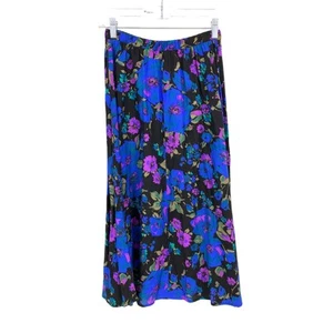 VTG 90s Midi Skirt Womens S A-Line Dark Floral Print Black Blue Elastic Waist - Picture 1 of 4