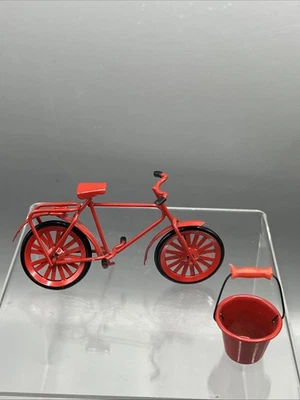 红色金属自行车和桶娃娃屋仙女花园装饰微缩模型 — 第 1/4 张图片