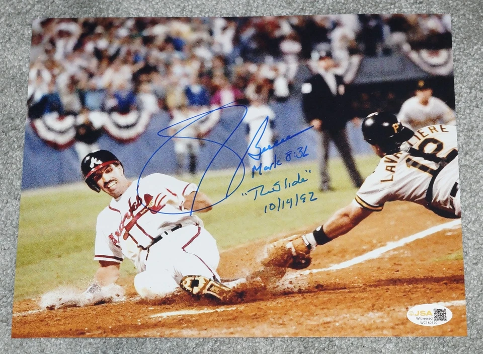 Foto firmada 8x10 SID BREAM Atlanta Braves "THE SLIDE 14/10/92" + CERTIFICADO DE AUTENTICIDAD JSA W0120 Foto 1 de 1