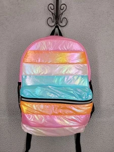 Girls Rainbow Pastel Quilted Backpack Multicolour Shiny Iridescent Kids School - Picture 1 of 13