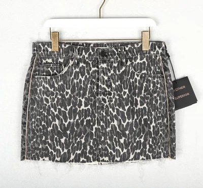 Mother Superior Denim Skirt UK 12 Vagabond Mini Fray Greyscale Leopard Mobwife - Image 1 of 4