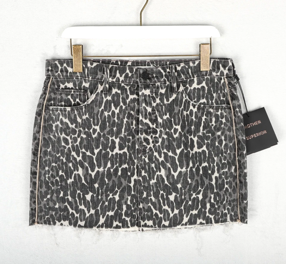 Mother Superior Denim Skirt UK 12 Vagabond Mini Fray Greyscale Leopard Mobwife - Image 1 of 4