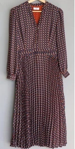 Untuckit Womens Dress 4 Red Blue Midi Accordion Pleated Geometric V Neck - Picture 1 of 6