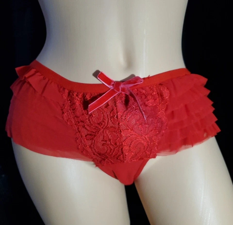 Panty Rojo Hiphugger Elástico CHIFÓN SATINADO Coquet Volantes Bloomer Bow GRANDE/XL Foto 1 de 4