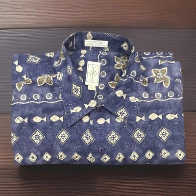 Burma Bibas VTG Blue Fish Floral Geometric Aloha Shirt Lawn Cotton Men L - Image 1 of 4