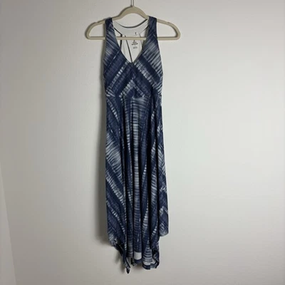Prana Dress Small Blue Saxon Tie Dye Handkerchief Hem Midi Halter Open Back BOHO - Image 1 of 4