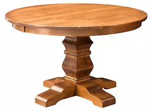 Amish Round Dining Table Turned Single Pedestal Solid Wood Expandable 48",54" - Picture 1 of 2