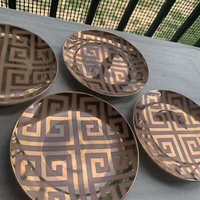Rosanna Imports Greek Key Dessert Plates Set 4 Gold Peach/Salmon Seattle WA - Image 1 of 4