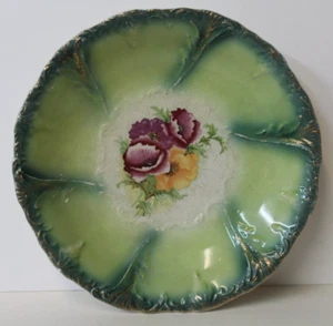 Large Serving Bowl Green, Gold, w/Pink Yellow Flowers France 11 1/2" Vintage - Picture 1 of 2
