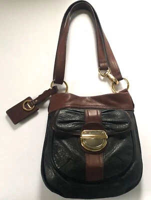 Bolso de hombro B. Makowsky vintage de cuero con cremallera superior doble asa negro + marrón Foto 1 de 4