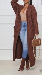 Women’s Oversized Open front Long Sleeve cable knit sweater duster With Pockets - Picture 1 of 10