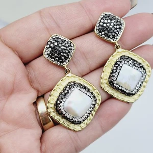 Rhinestone Geometric Square Drop Dangle Earrings Pearl Black Satin Gold Tone - Picture 1 of 7