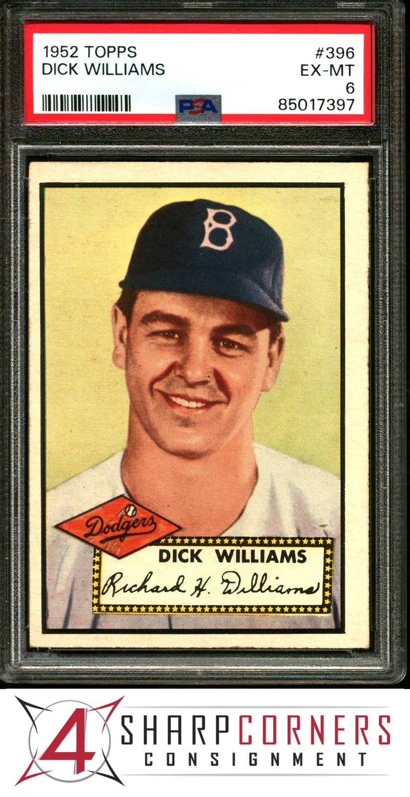 1952 TOPPS #396 DICK WILLIAMS RC DODGERS HOF PSA 6