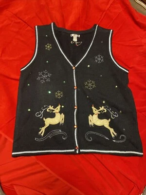 Chaleco Bordado Navidad Negro Acrílico Blanco Ciervo Mujer XL Dorado Reno Foto 1 de 4