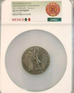 2010 MEXICO SILVER INDEPENDENCE ANNIV 1811 8 REALES NGC MS 69 ANTIQUED RARE TOP - Picture 1 of 4