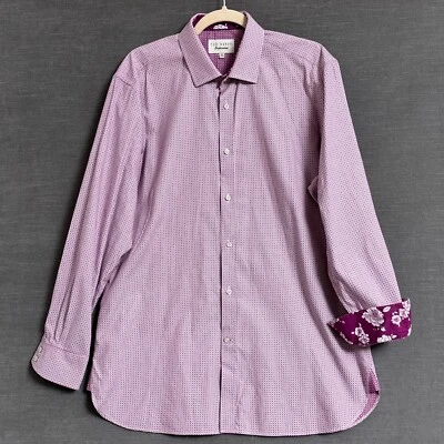 Camisa Ted Baker Para Hombres 16.5 32/33 Resistencia Púrpura Rosa Puño Abatible Geométrica Informal Foto 1 de 4