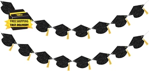 16Pcs Graduation Banner Decorations Class of 2025 Glitter Pre-Strung Congrats Gr - Picture 1 of 9