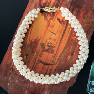 Vintage 14K Yellow Gold Genuine Real Pearl Multi Row Cluster Bracelet 7.75" - Picture 1 of 16