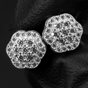 Men's 925 Sterling Silver 14K White Gold Plated Round Flower Cluster Earrings - Picture 1 of 6