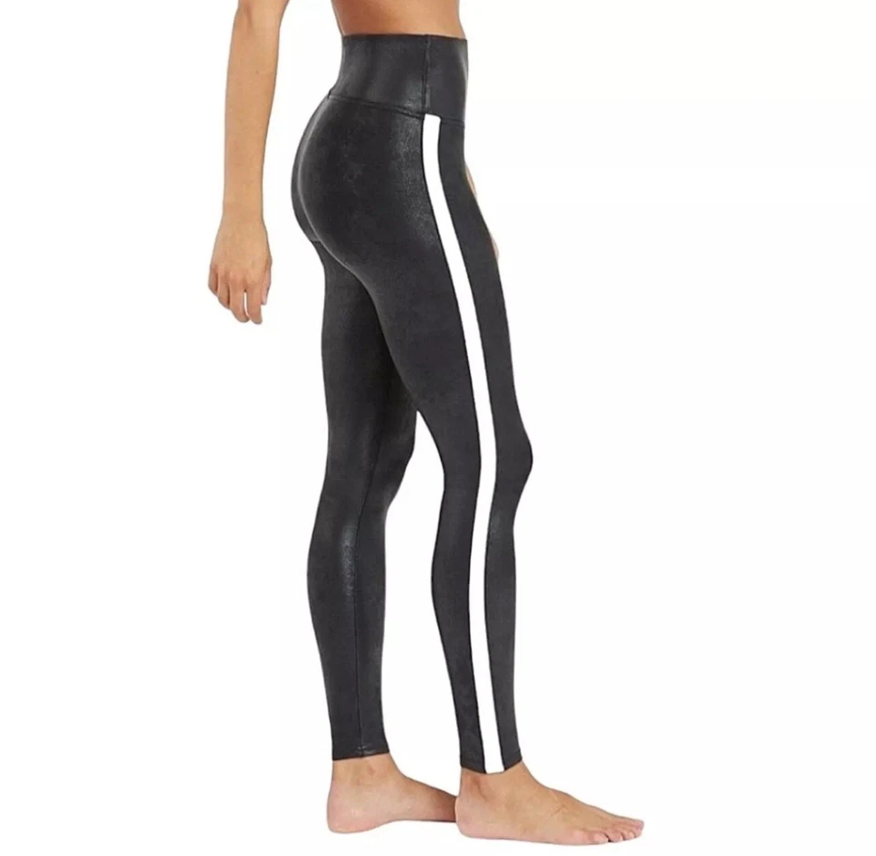 SPANX Shine Black Faux Leather White Stripe Legging 20187P Size 3X