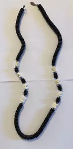 Vintage Silver Tone Black Bead With White Carved Elephant Necklace 33 in - Picture 1 of 4