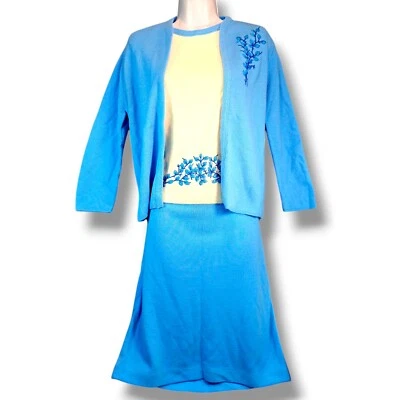 VTG 60's Knit Sweater 3 Pc. Set Embroidered Leaves Cardigan Skirt Size M Blue - Image 1 of 4