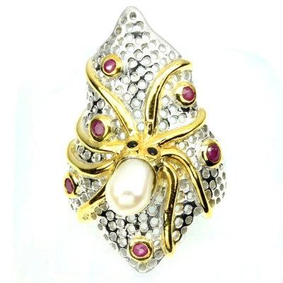 GENUINE GEM Cultured Pearl Ruby Sapphire 925 Sterling Silver Octopus Ring Size 8 - Image 1 of 3