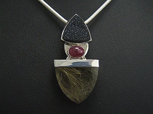 Rutilated Quartz, Ruby & Agate Drusy. Pendant. Sterling - Picture 1 of 3