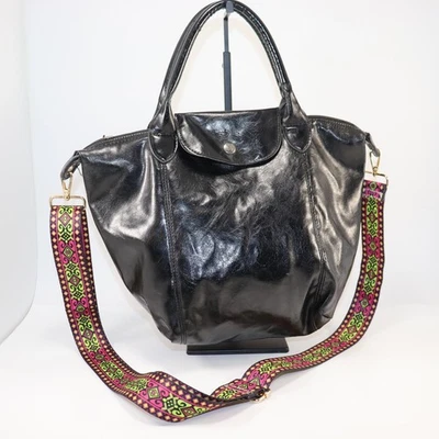 Сумка с короткими ручками Longchamp Le Pliage Cuir черная кожа с цветным ремешком - Изображение 1 из 4