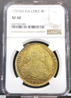 1797 SO DA ЧИЛИ ЗОЛОТО 8 ESCUDOS CHARLES IV NGC XF 40 РЕДКАЯ ВЕЛИКОЛЕПНО ВЫГЛЯДЯЩАЯ МОНЕТА - Изображение 1 из 3