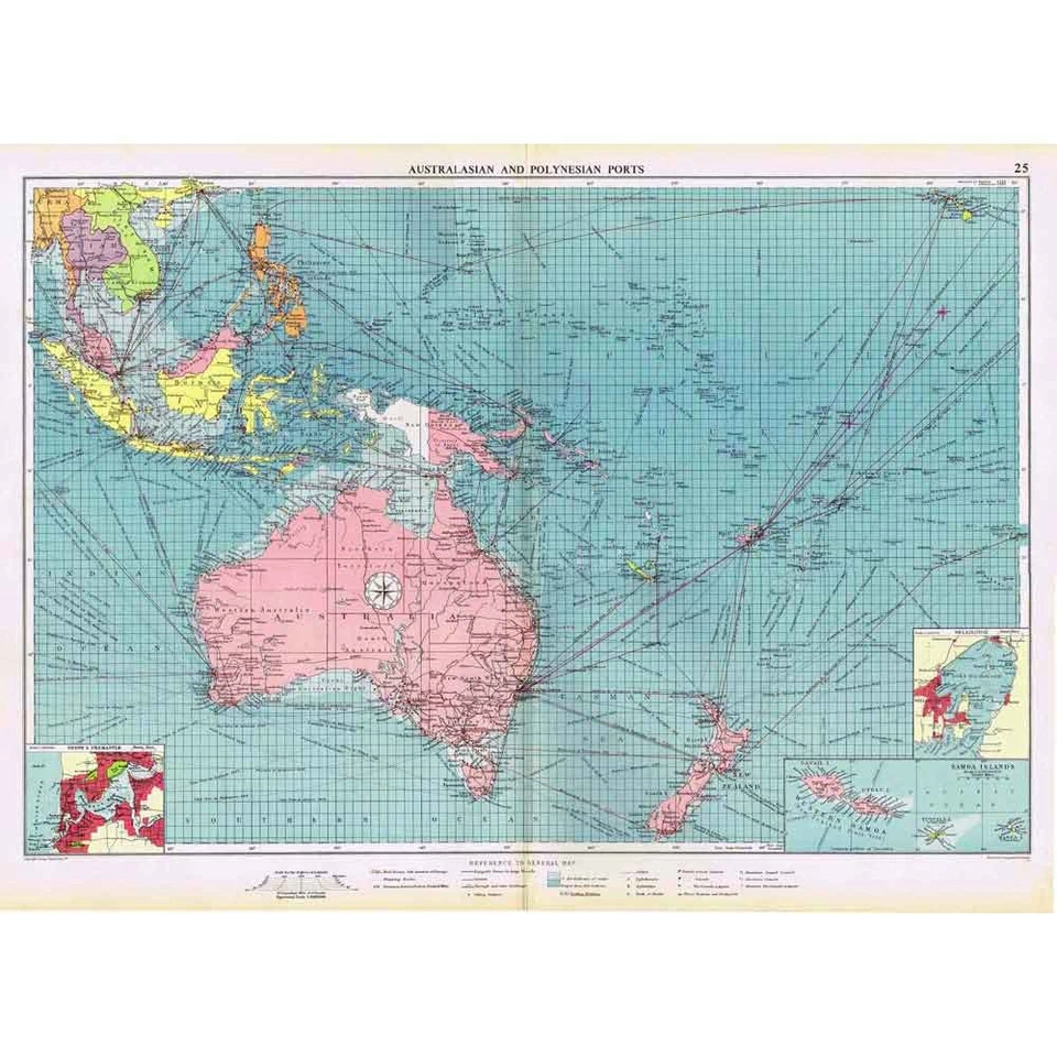PUERTOS AUSTRALIANOS Y POLINESIOS inc rutas de envío - mapa marino vintage 1952 Foto 1 de 1