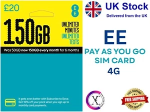 Pay As You Go SIM Card EE, 150GB at £20+Unlimited Calls & Texts, 4G Triple Sim - Picture 1 of 12