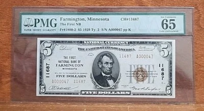 1929  $5 Note US National Currency PMG 65 FNB Farmington Minnesota Low SN #47 - Image 1 of 4