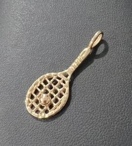 14k Yellow Gold White Tennis Necklace Pendant Charm Sport Racquet Fine Jewelry2G - Picture 1 of 8