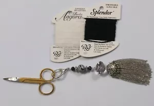 Smoke Gray Black w/ Chain Tassel Fob & Vintage Gold Plated Embroidery Scissors - Picture 1 of 3
