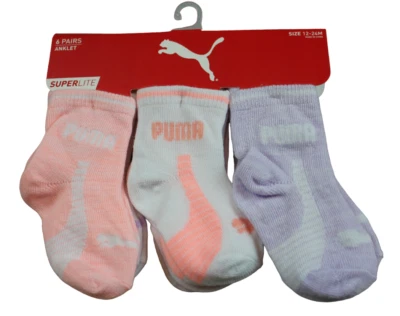 Puma Superlite Calcetines Tobilleros Bebé Infante Niña Paquete de 6 Talla 0-12 12-24 M Meses Nuevos con Etiquetas Foto 1 de 3