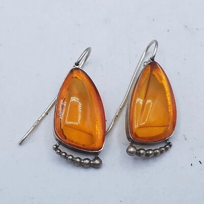 Vintage LARGE Russian USSR Silver 875 Baltic Honey Amber Dangle Drop Earrings - Image 1 of 4
