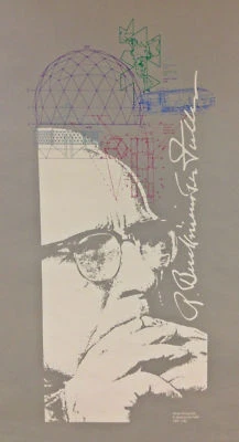 Buckminster Fuller Poster. Rare Limited Edition, Printed 1983. Silver 36" x 20"