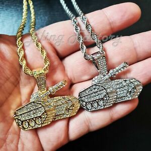 Iced TANK Pendant & 24" Rope Chain Fashion Hip Hop Jewelry Gold Silver Necklace