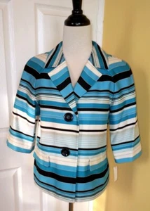 TALBOTS Bright Blue/Black/White Stripe Lined Cotton Swing Jacket (6) NWT - Picture 1 of 6