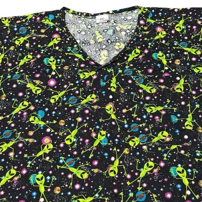 S.C.R.U.B.S Y2K 2XL Alien Space Print Scrub Top Neon Galaxy 90s Nostalgia Cotton - Image 1 of 4