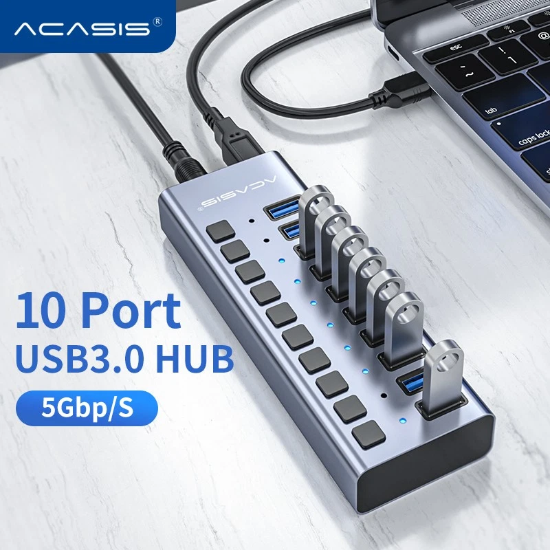 Hub USB 3.0 a 10 porte Acasis con singoli switch on/off e adattatore di alimentazione - Immagine 1 di 4