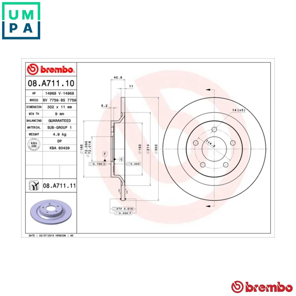 2x BRAKE DISC 08.A711.11 FOR MAZDA L850/L823 1.8L L5-VE 2.5L PE-VPS/RF7J 2.0L - Image 1 of 4