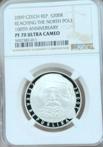 2009 CZECH REPUBLIC SILVER 200 KORUN REACHING NORTH POLE NGC PF 70 ULTRA CAMEO ! - Picture 1 of 4