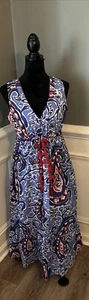 LA PLAGE NWOT colorful sleeveless cotton vneck drawstring maxi dress size Small - Picture 1 of 8